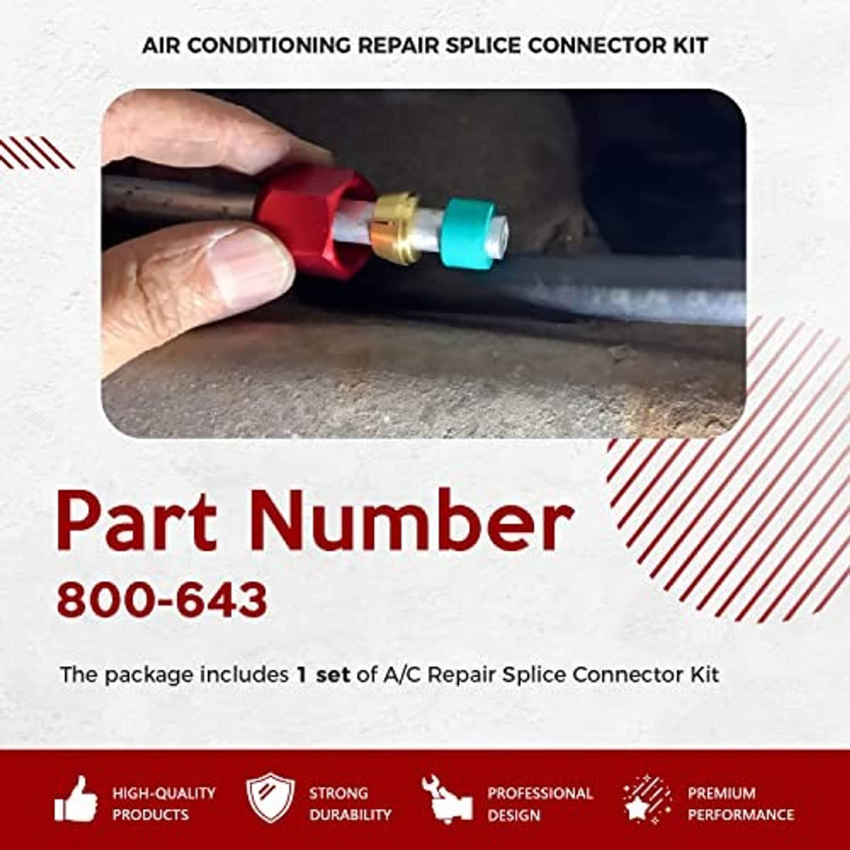 Hands installing a red AC splice connector on a dark air conditioning line