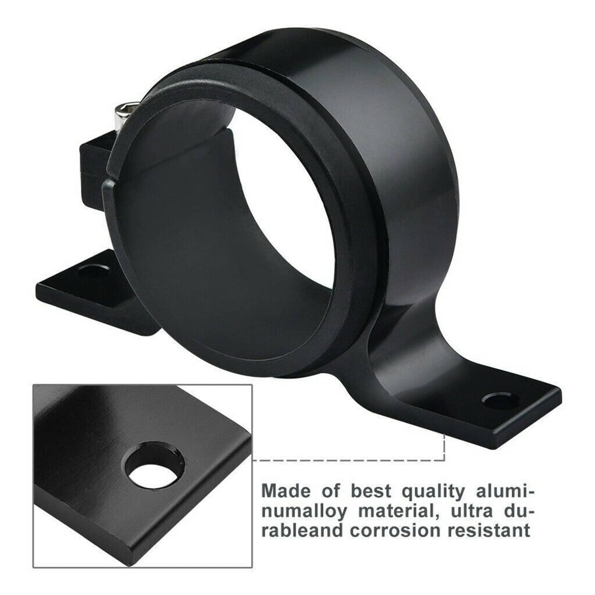 Black aluminum external fuel pump mounting bracket with round cradle and bolt holes