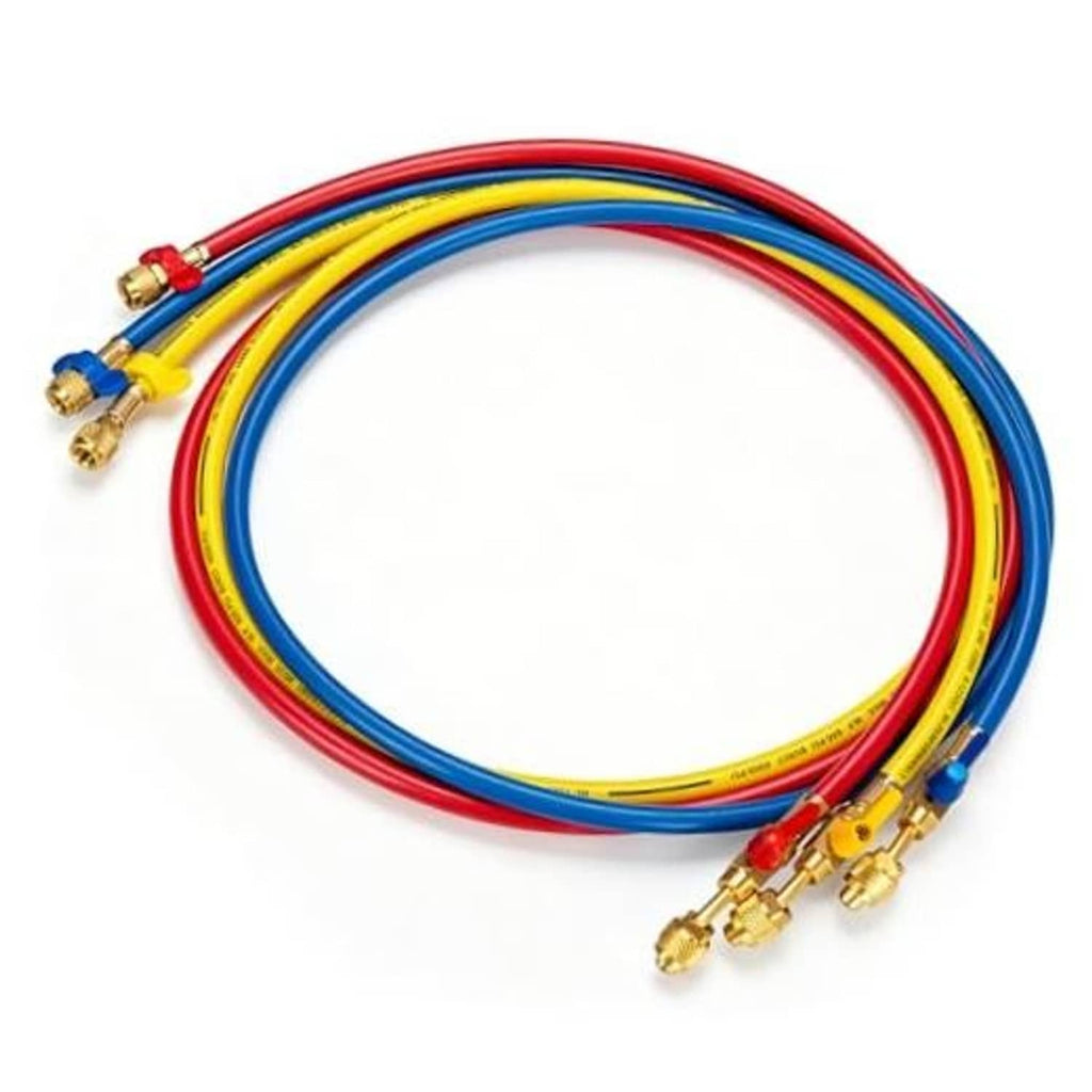 Coiled color-coded refrigerant hoses (blue, yellow, red) with brass fittings