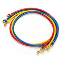 Coiled color-coded refrigerant hoses (blue, yellow, red) with brass fittings