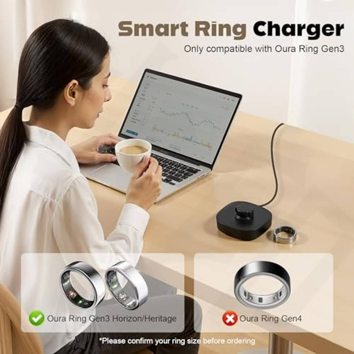 Black charging dock with metal ring cradle for smart ring charging
