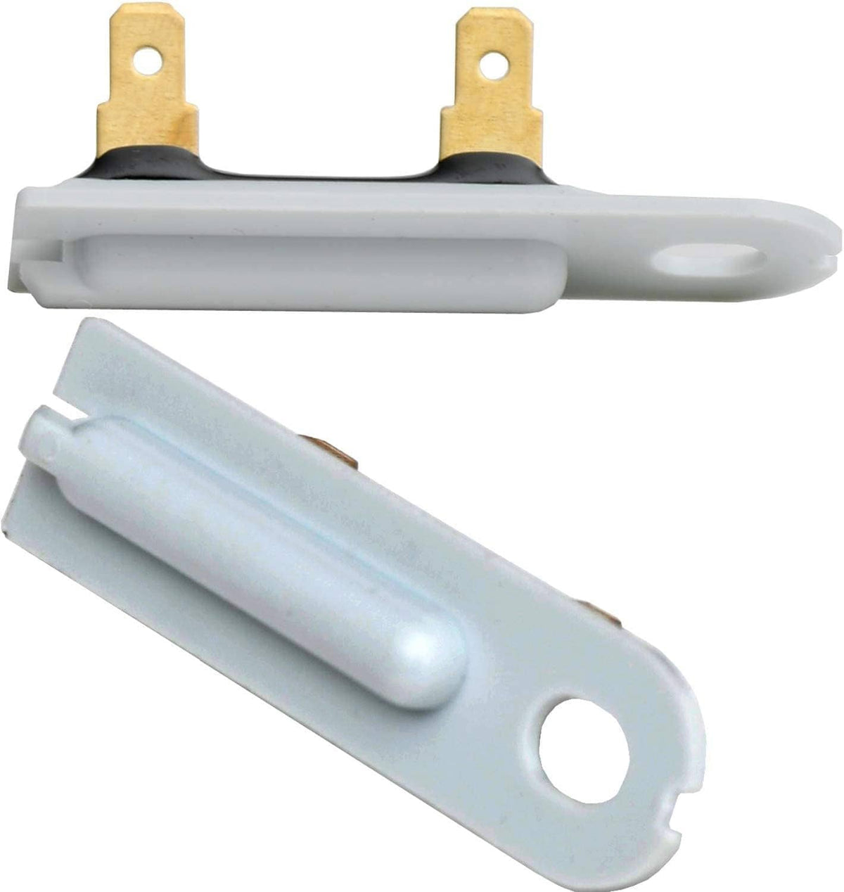 Dryer replacement latch with white base, brass posts, and two screw holes