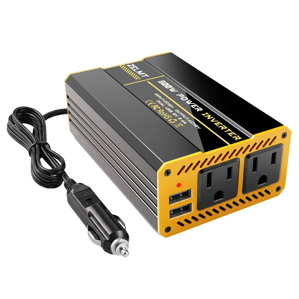 ZELMT 300W car power inverter, black and yellow with DC plug and AC outlets