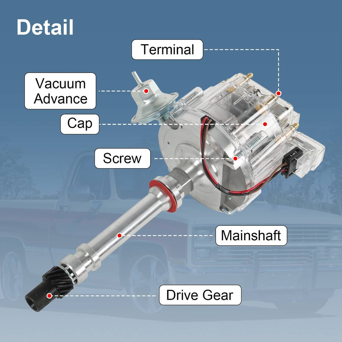 HEI distributor exploded view with cap, mainshaft, drive gear, and terminal