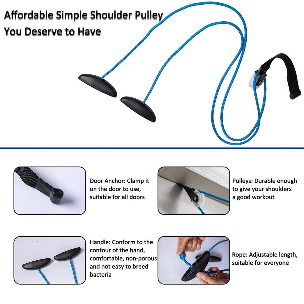 Exercise pulley set with blue rope and two black pulley handles plus door strap