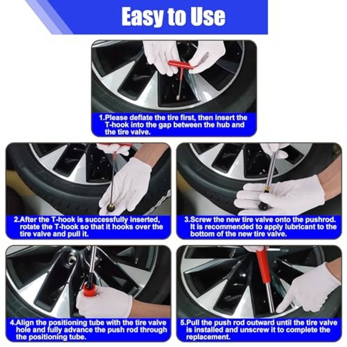 Tire valve tool use steps shown on a wheel with red tool and white gloves