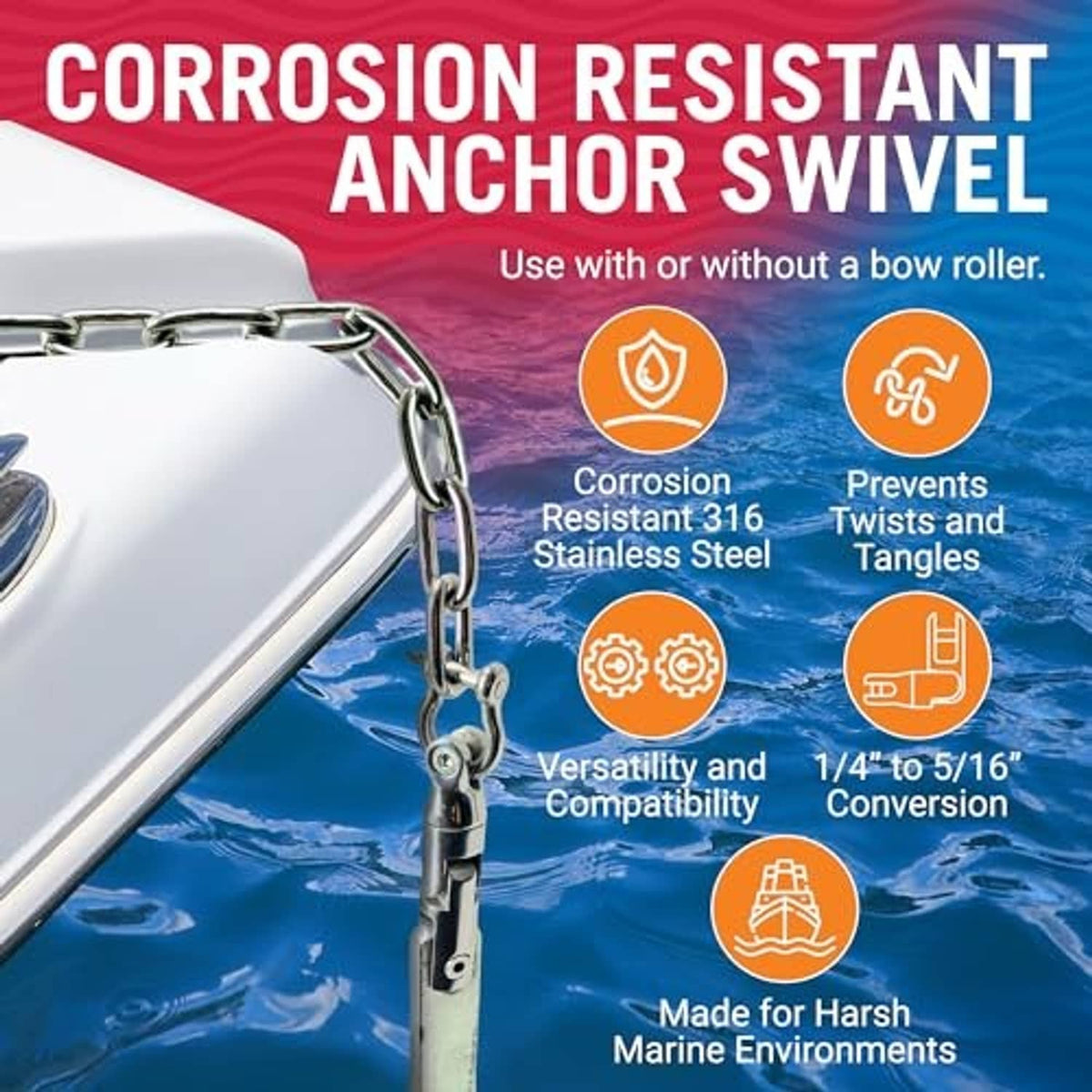 Corrosion-resistant stainless steel anchor swivel with compatibility and use icons graphic