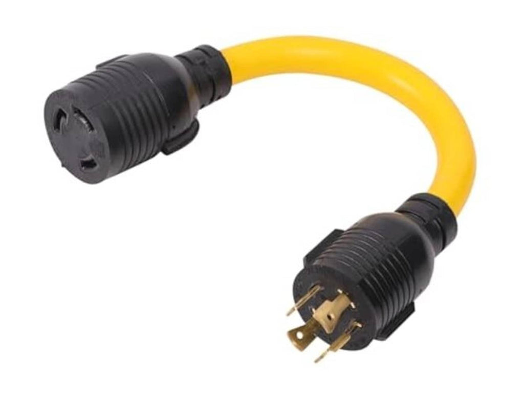 NEMA twist-lock adapter cord, yellow cable, 4-prong plug to 3-prong receptacle
