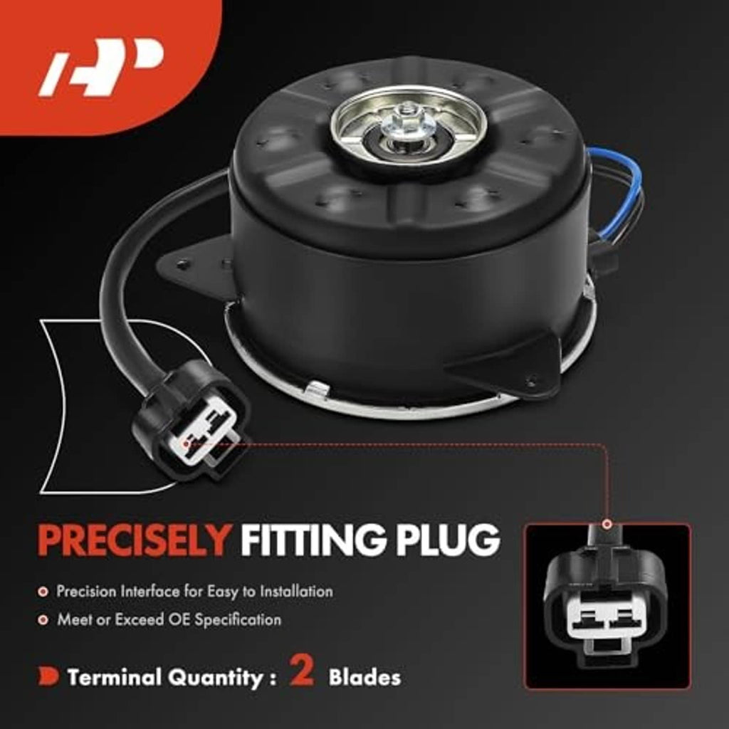 Black radiator fan motor with plug connector, blue wire lead, and mounting bracket