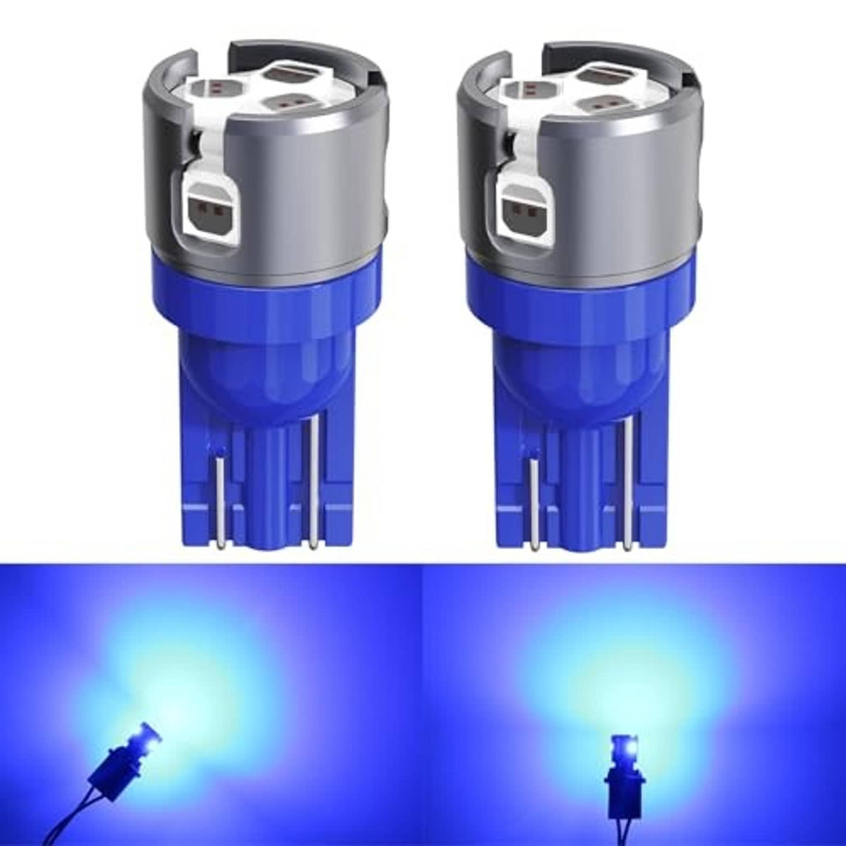 Two blue T10 W5W LED bulbs with metal housing, shown with bright blue beam