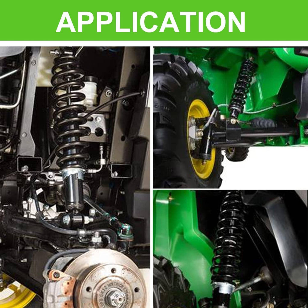 Installed front shock absorber with black coil spring on green off-road vehicle