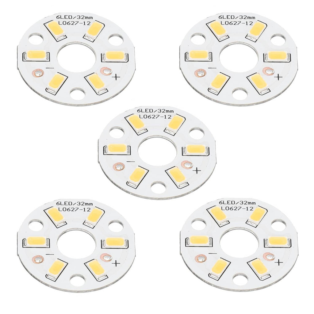 Natural white LED light chip, 32mm circular board with 6 SMD LEDs and +/− pads