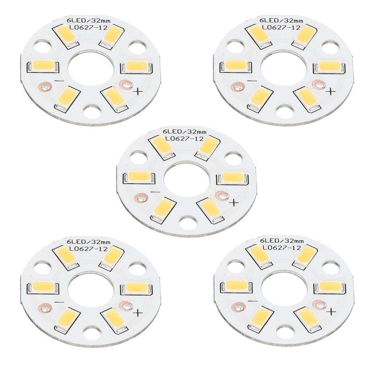 Natural white LED light chip, 32mm circular board with 6 SMD LEDs and +/− pads