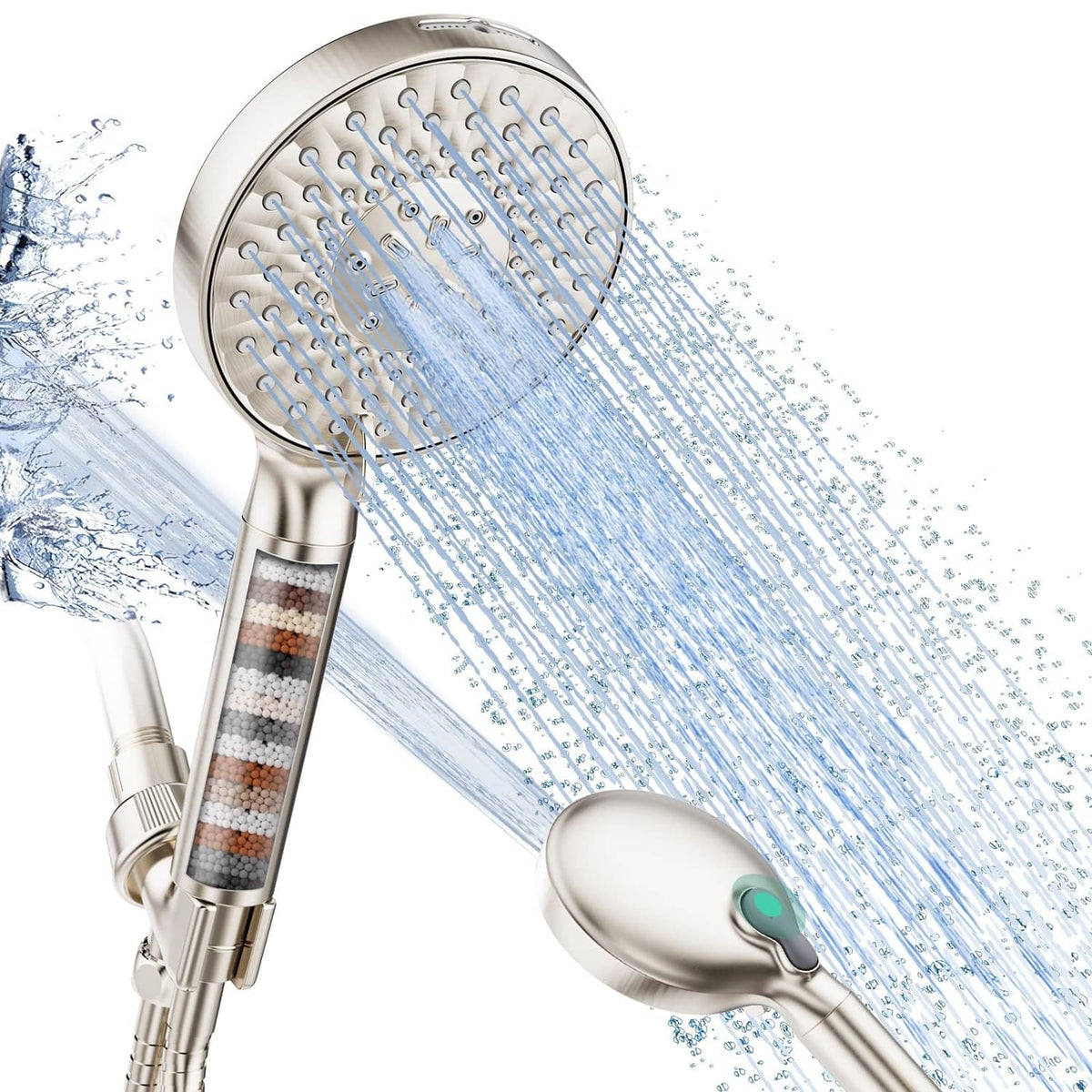 Brushed nickel handheld shower head with visible filter cartridge and water spray stream