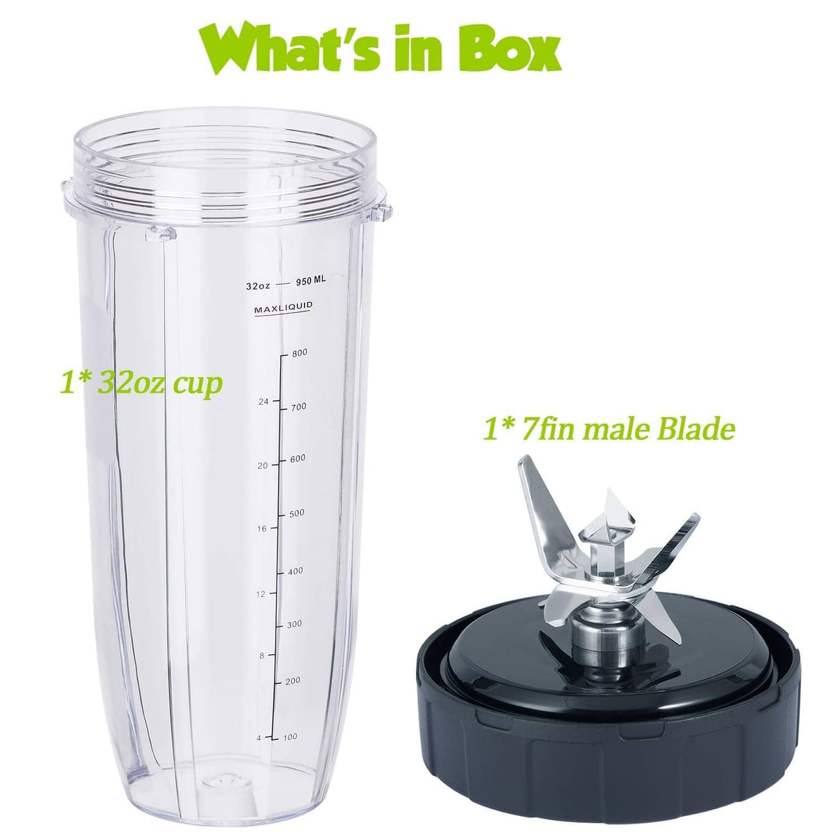 Replacement blender set: clear 32oz cup and 7-fin male blade, no lid