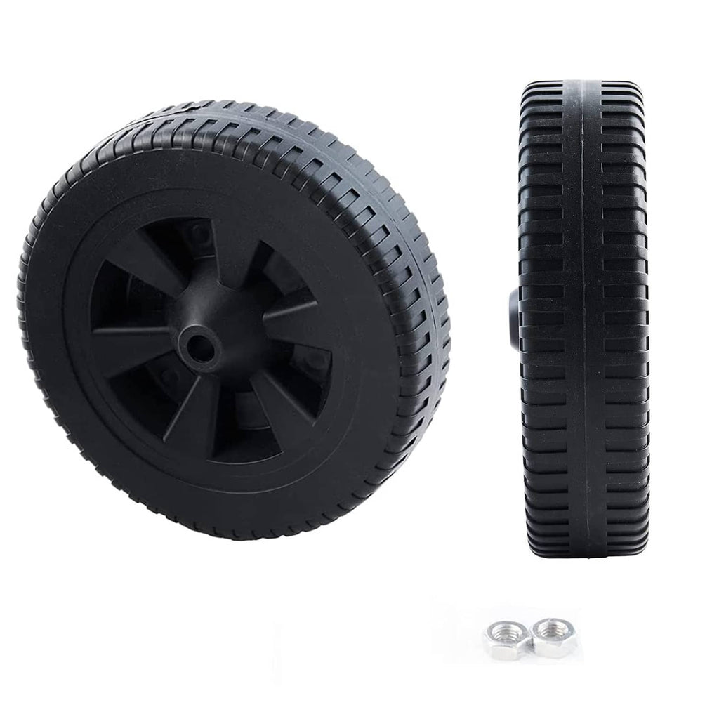 Black 7-inch wheel with tread, side profile view, plus mounting nuts