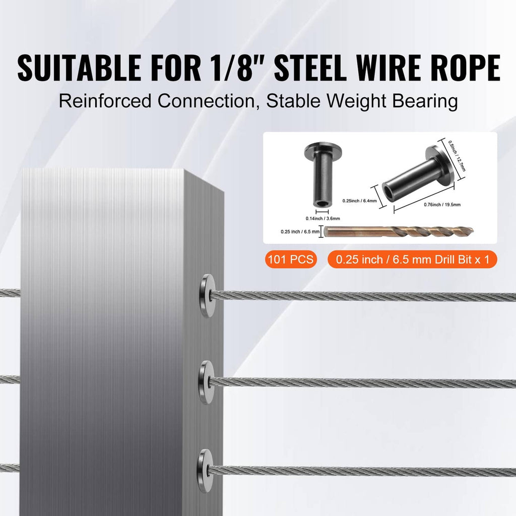 Stainless steel wire rope protector sleeves and 1/8 in steel cable section, infographic layout