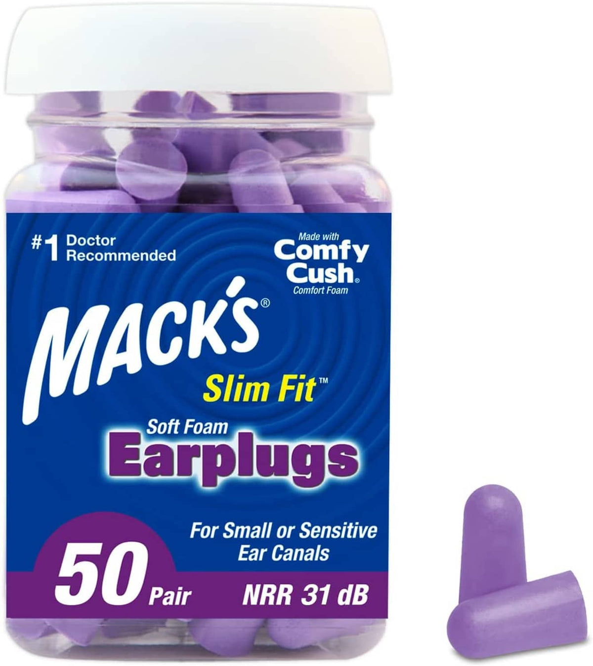 Soft foam earplugs in container with purple earplug beside it