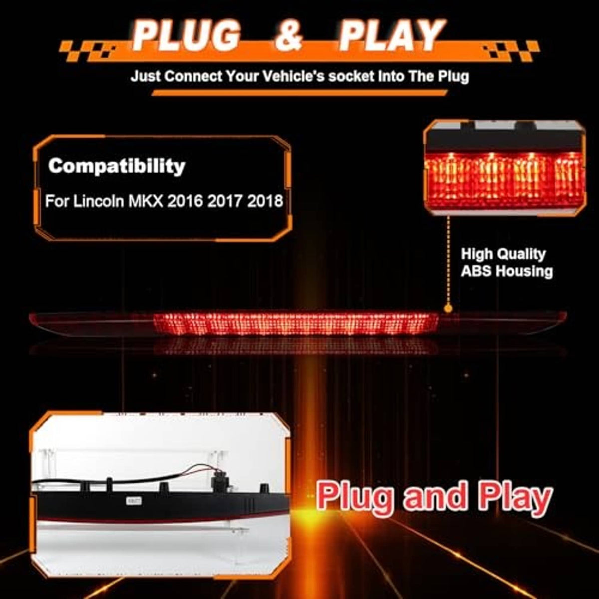 Red LED third brake light bar with ABS housing and connector, plug-and-play view