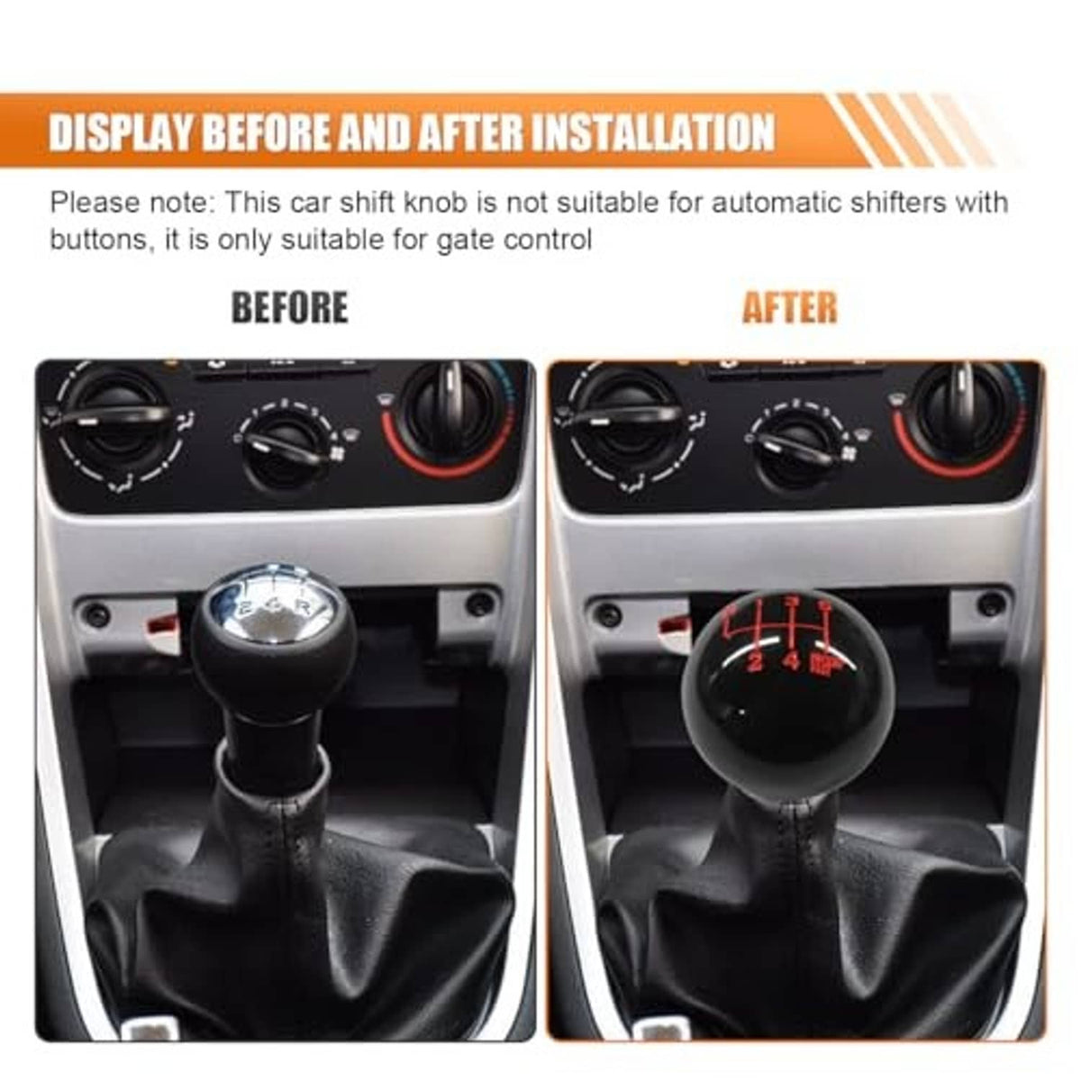 Black 6-speed shift knob with red numbers in car shifter before and after install