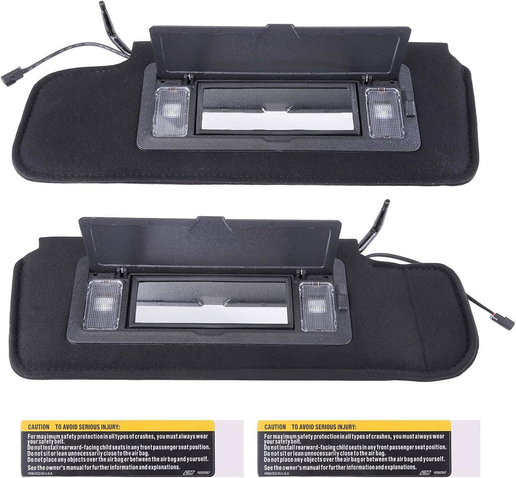 Black sun visor pair with vanity mirror window and LED light bars, wired