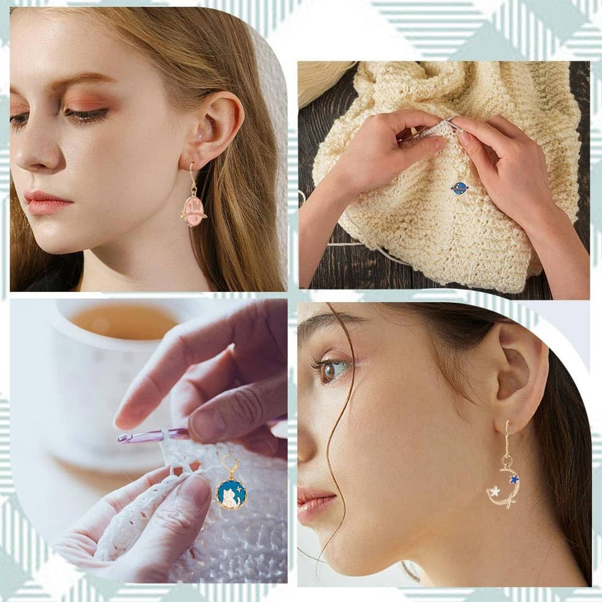 Planet stitch markers styled as earrings on model, gold-tone rings with moon and star charms