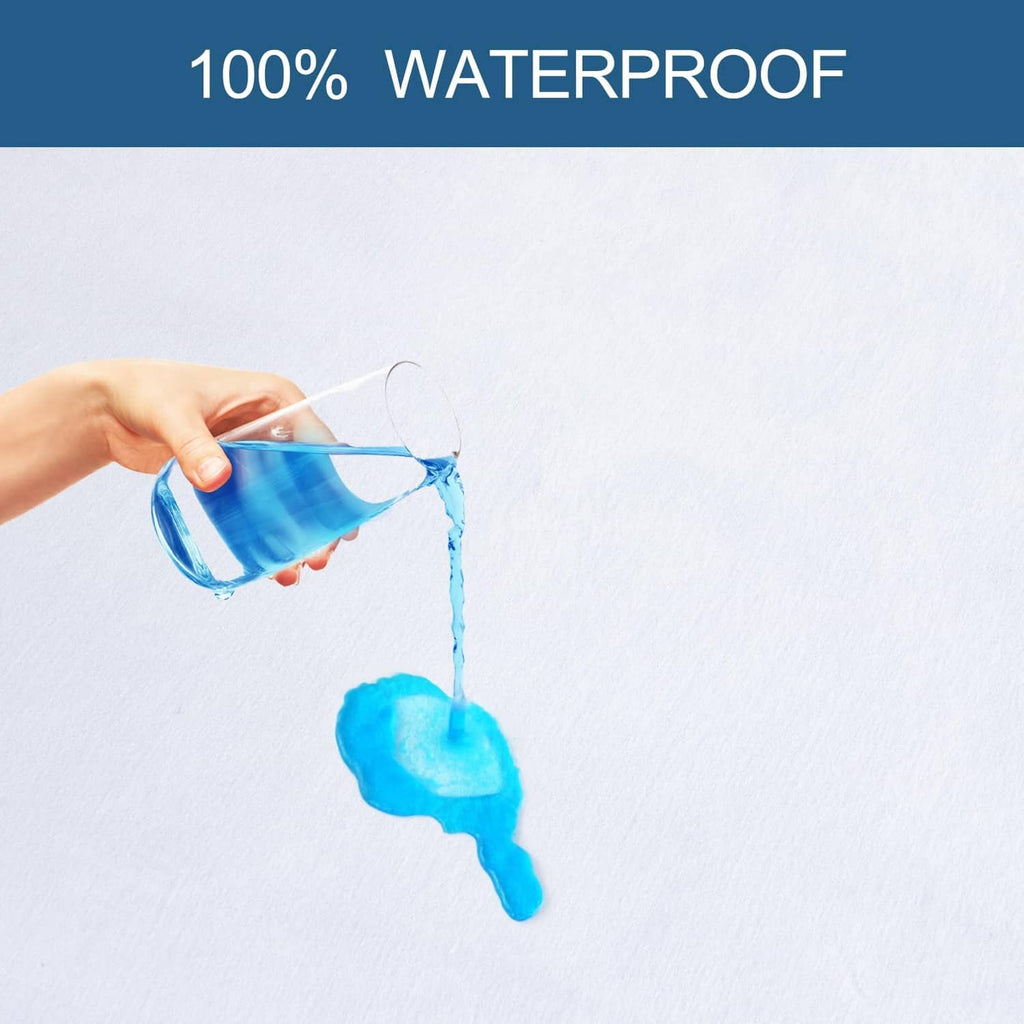 White waterproof mattress protector with water beading on the smooth surface