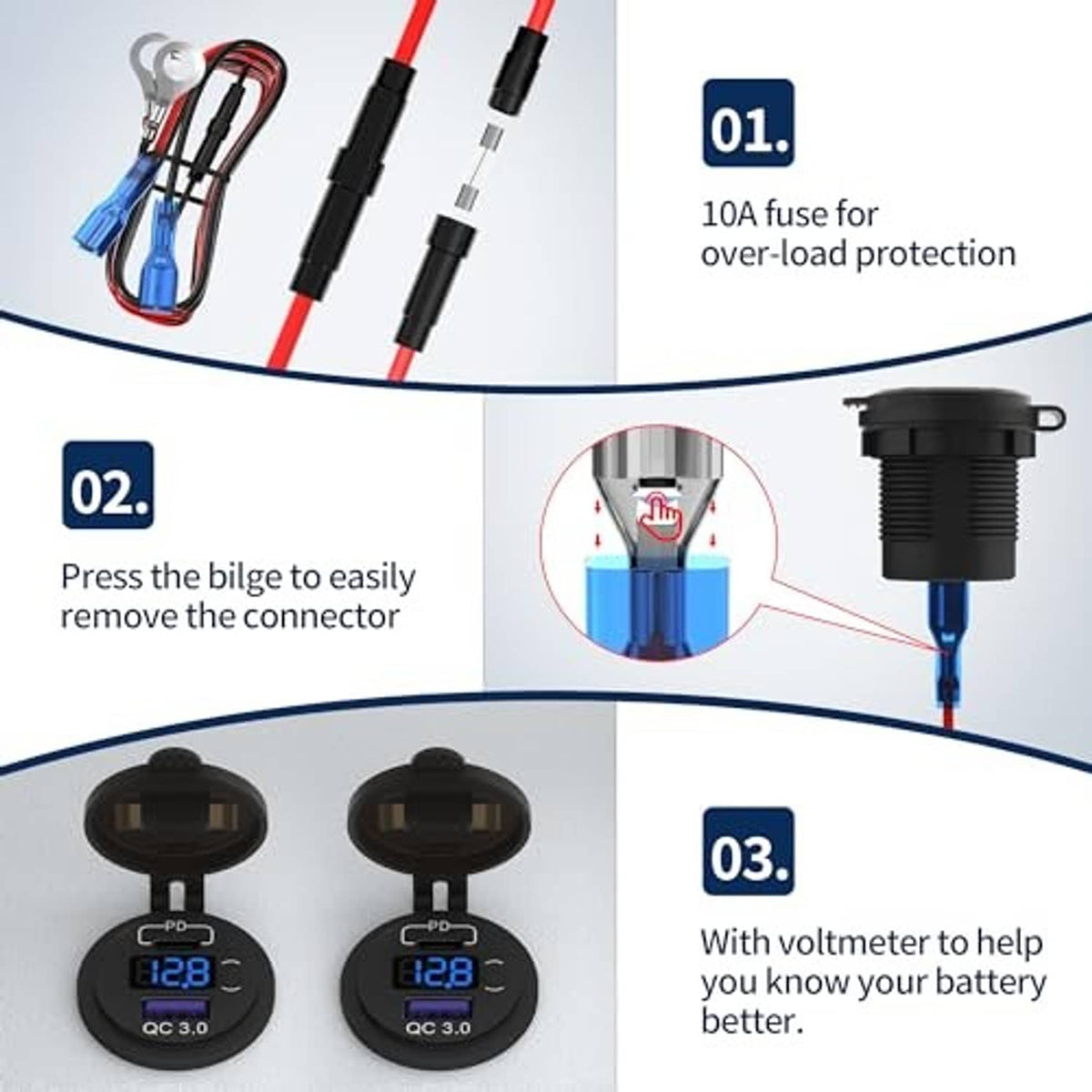 Black 12V car charger socket kit with fuse and voltmeter display