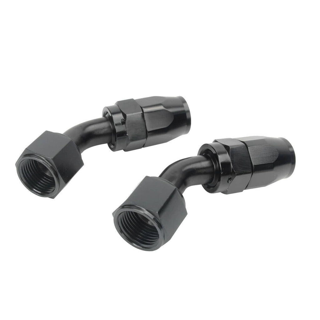 Black oil line elbow connectors with angled hose ports and threaded fittings