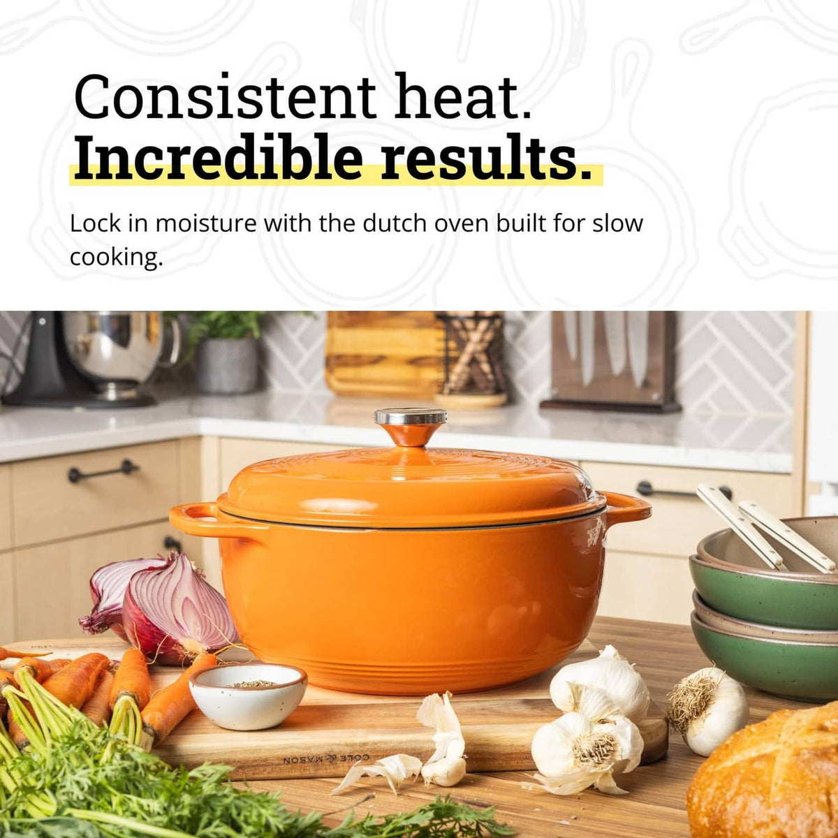 Pumpkin-orange enameled cast iron Dutch oven with lid and side handles