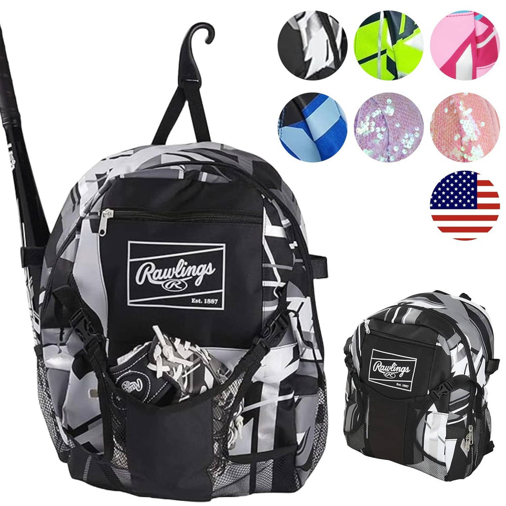 Baseball equipment backpack with black-and-white geometric print, front logo pocket, hook handle.