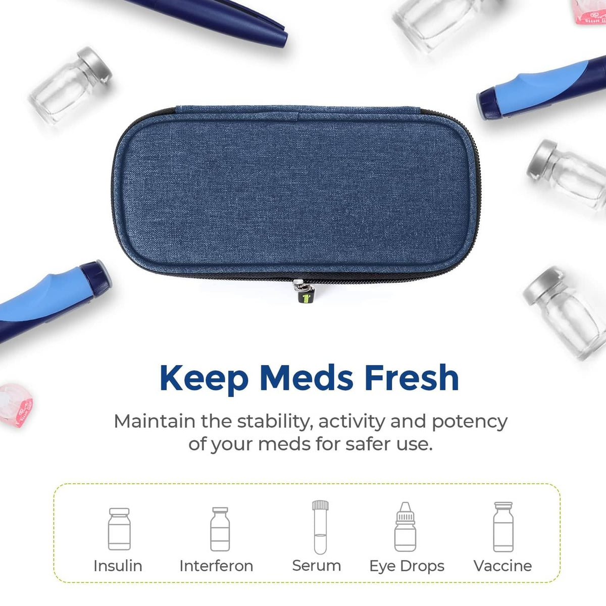 Navy zippered insulin cooler case with blue interior panel, packed with accessories