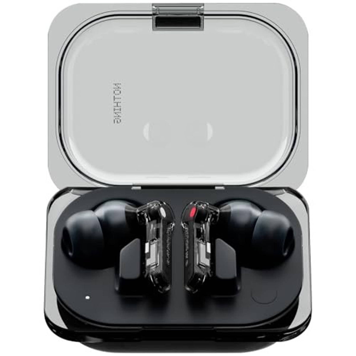 Black wireless earbuds in open charging case, centered front view