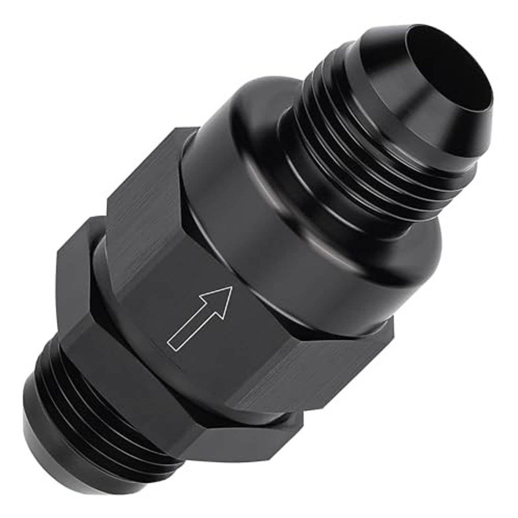 Black inline one-way check valve fitting, close-up of threaded ports and arrow