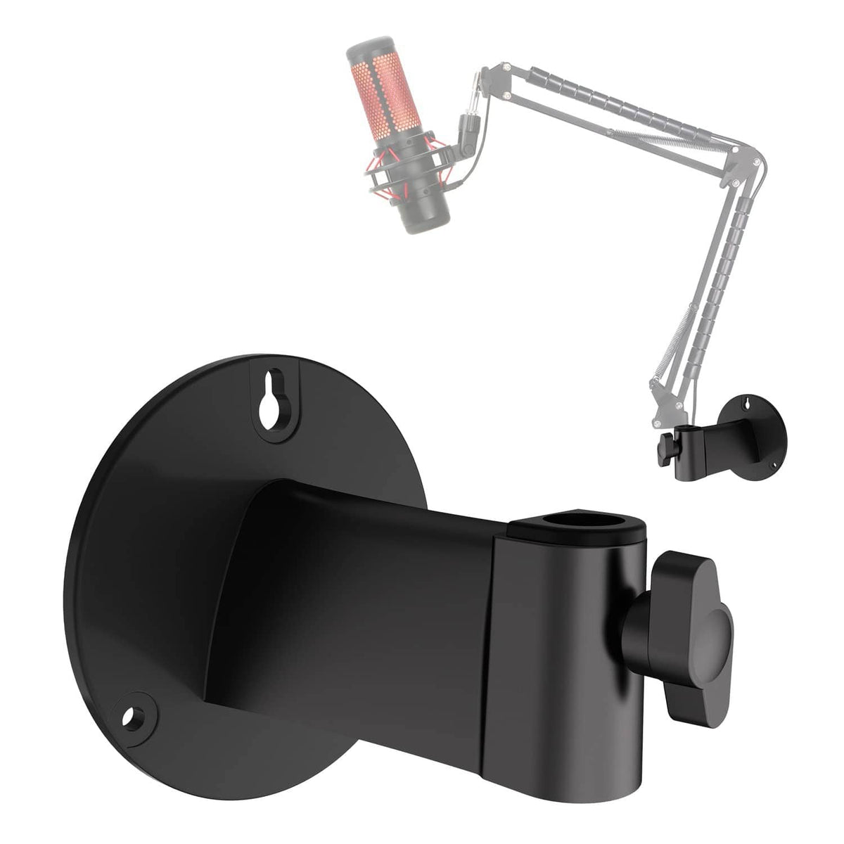Black wall-mount boom arm with microphone holder and circular wall plate