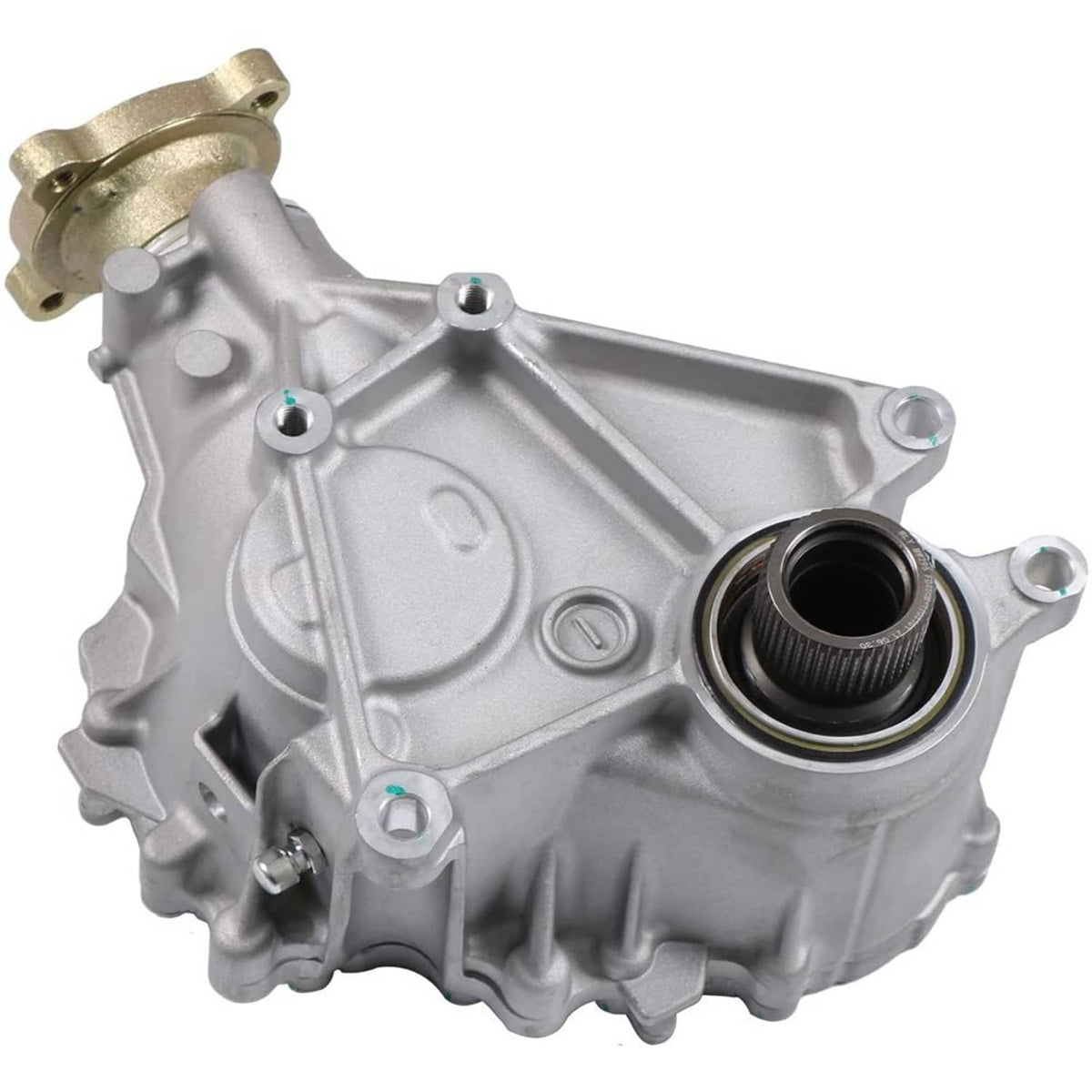 Transfer case assembly close side view with black bearing opening and silver covers
