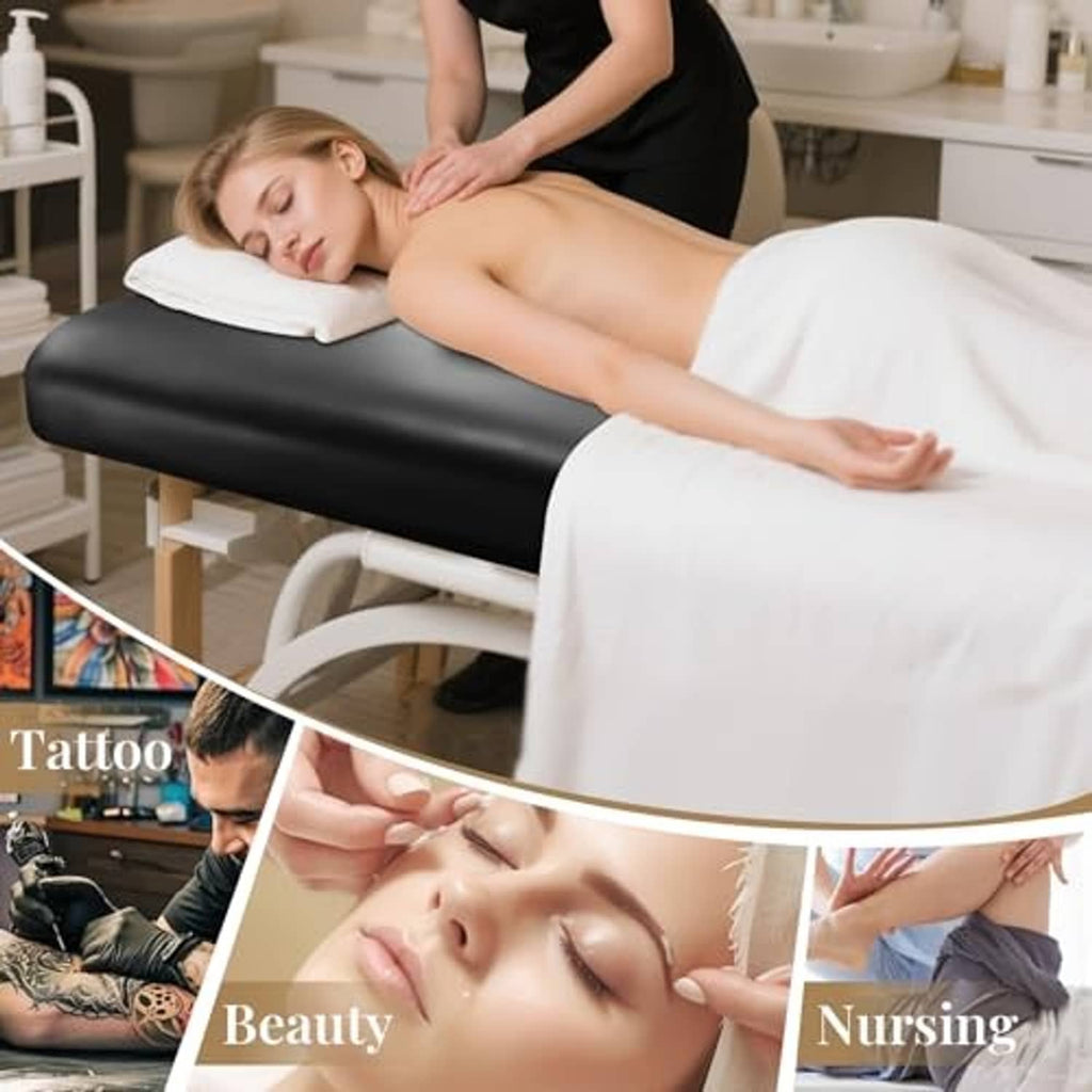 Black PU leather massage table cover with a client lying on top