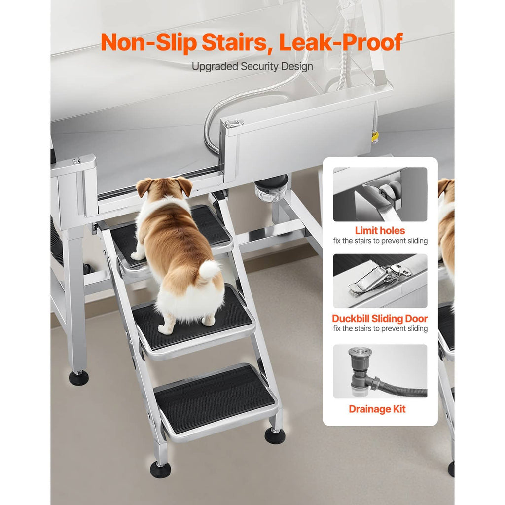 Stainless steel pet grooming tub with non-slip stairs and sliding door panel