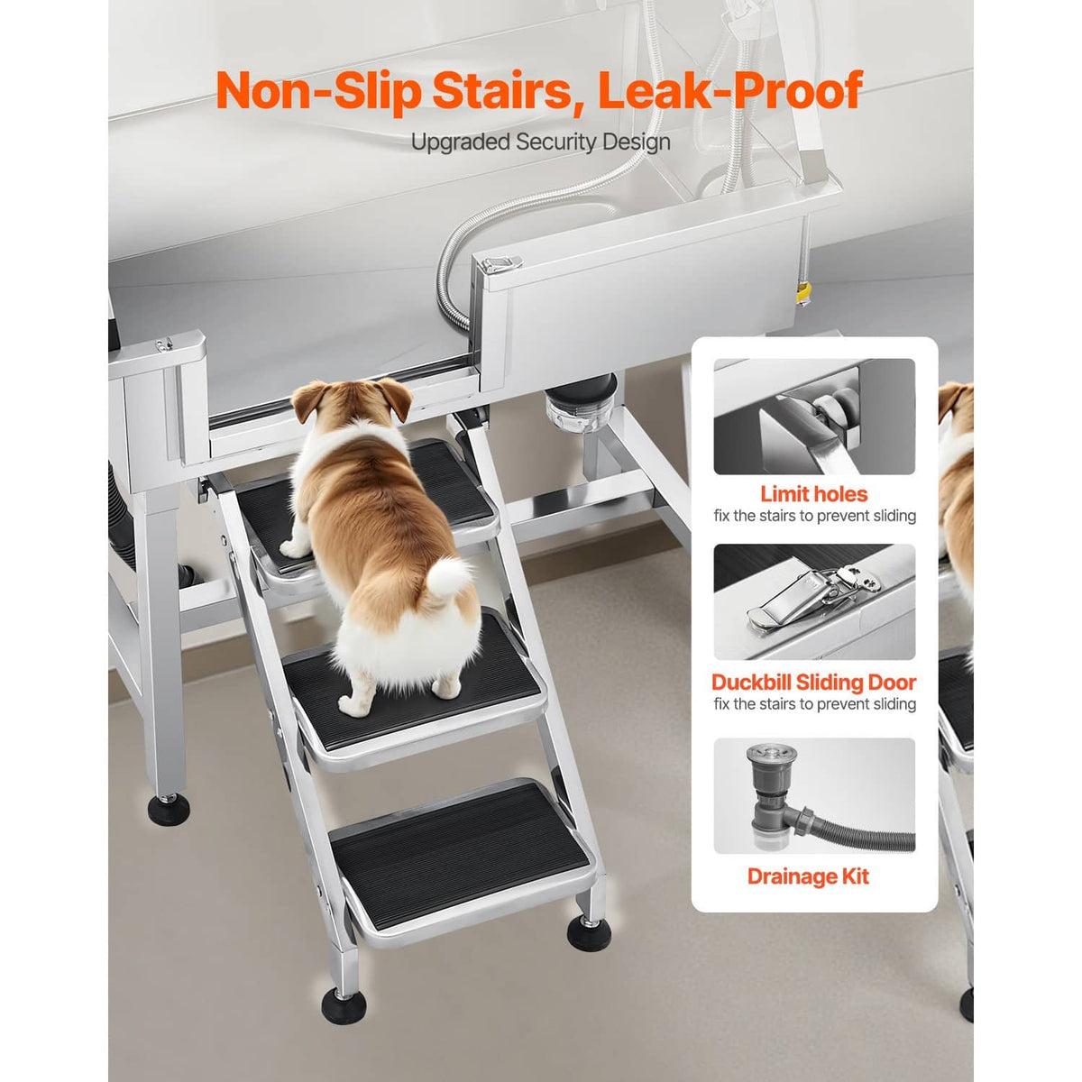 Stainless steel pet grooming tub with non-slip stairs and sliding door panel