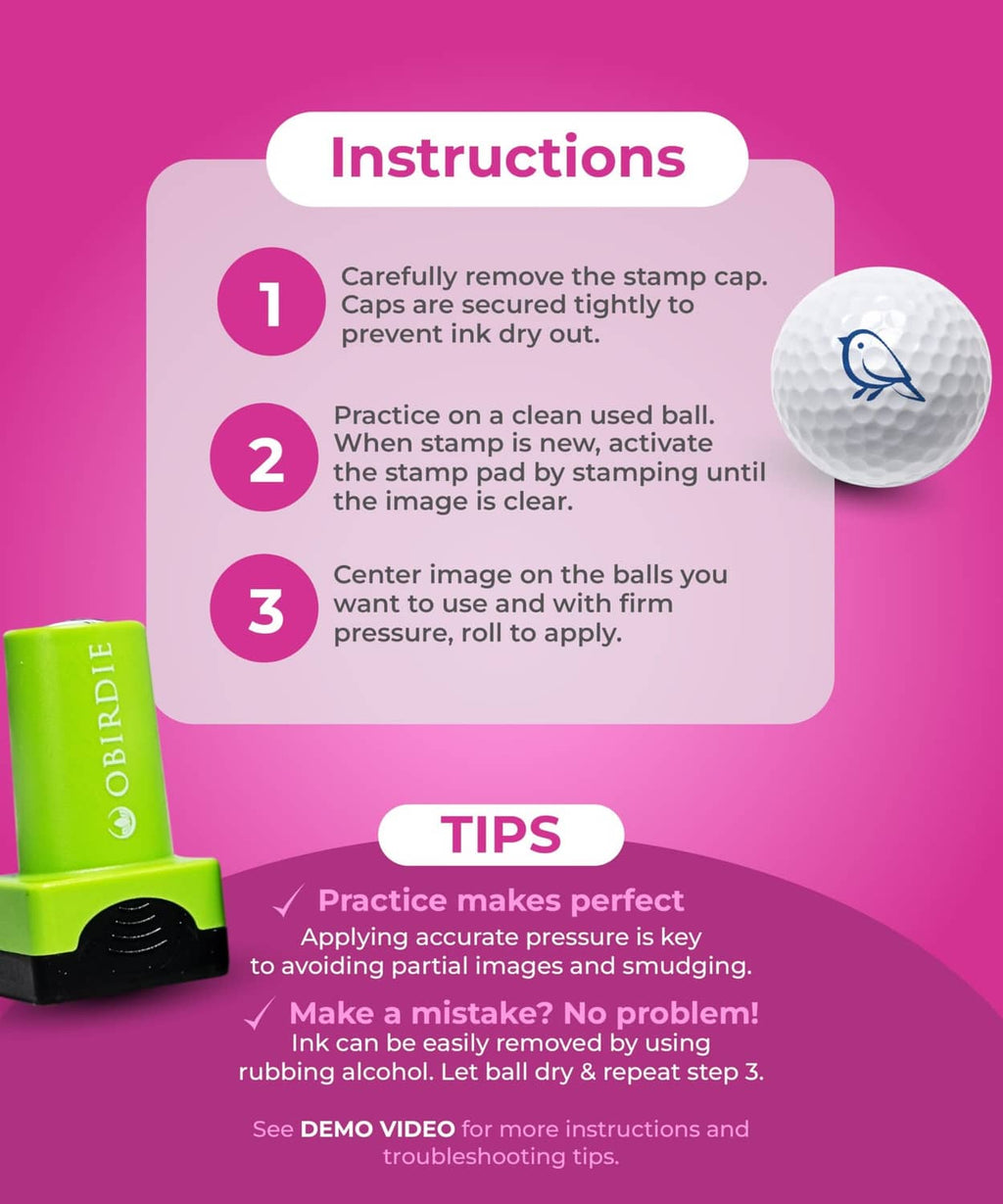 Lime green self-inking golf ball stamp with black base next to an instructions panel