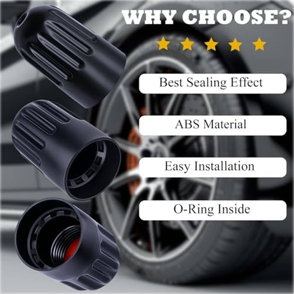 Black TPMS long-stem tire valve caps, ribbed plastic design, set of 10