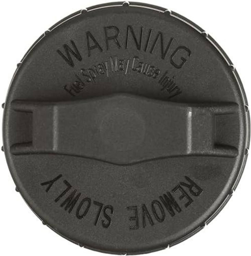 Black fuel tank cap with WARNING text and molded handle slot detail