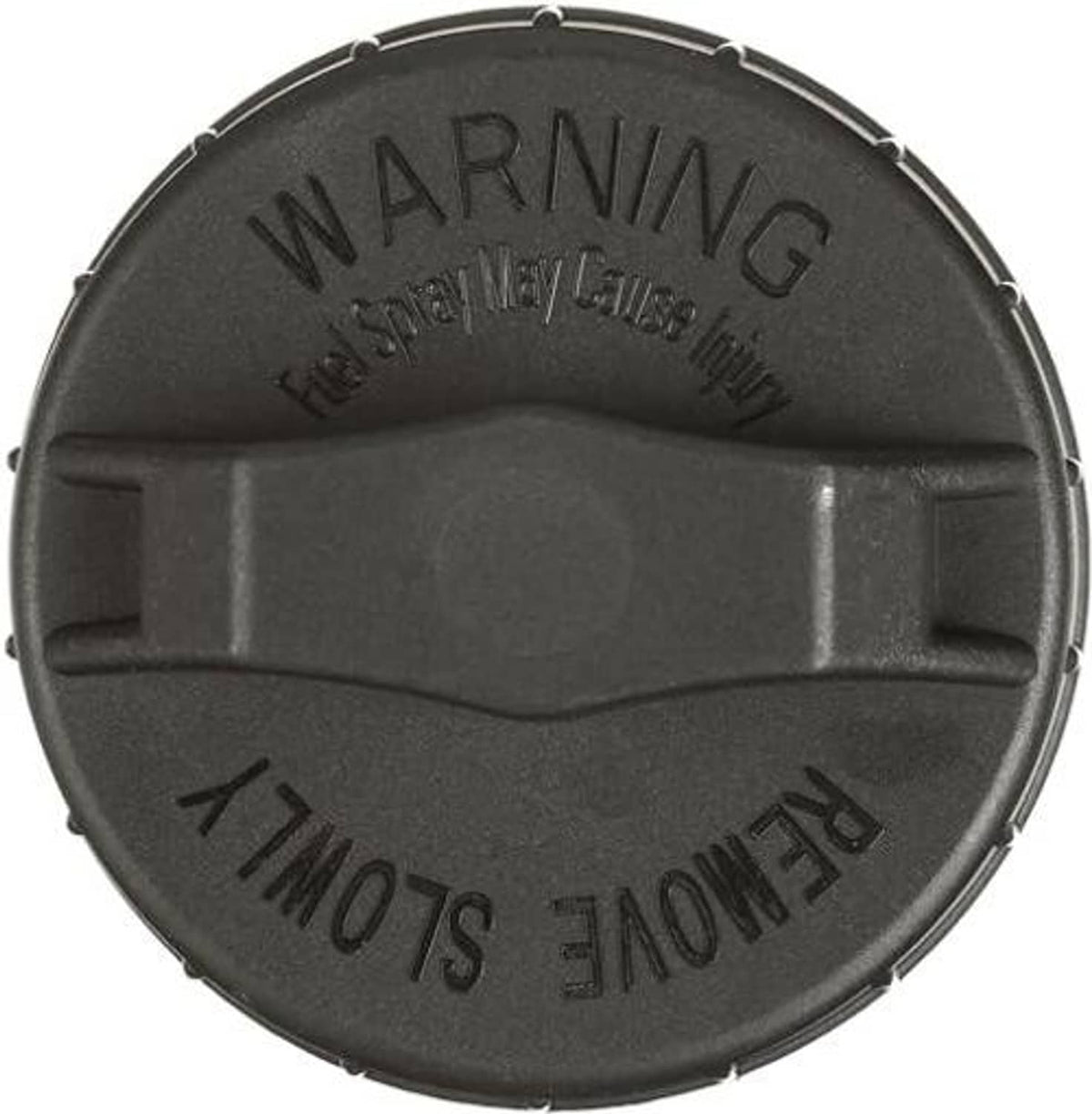 Black fuel tank cap with WARNING text and molded handle slot detail