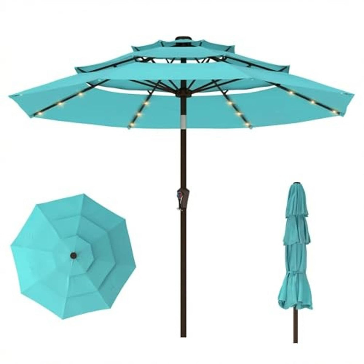 Aqua blue 3-tier patio umbrella with LED lights, shown with alternate umbrella views.
