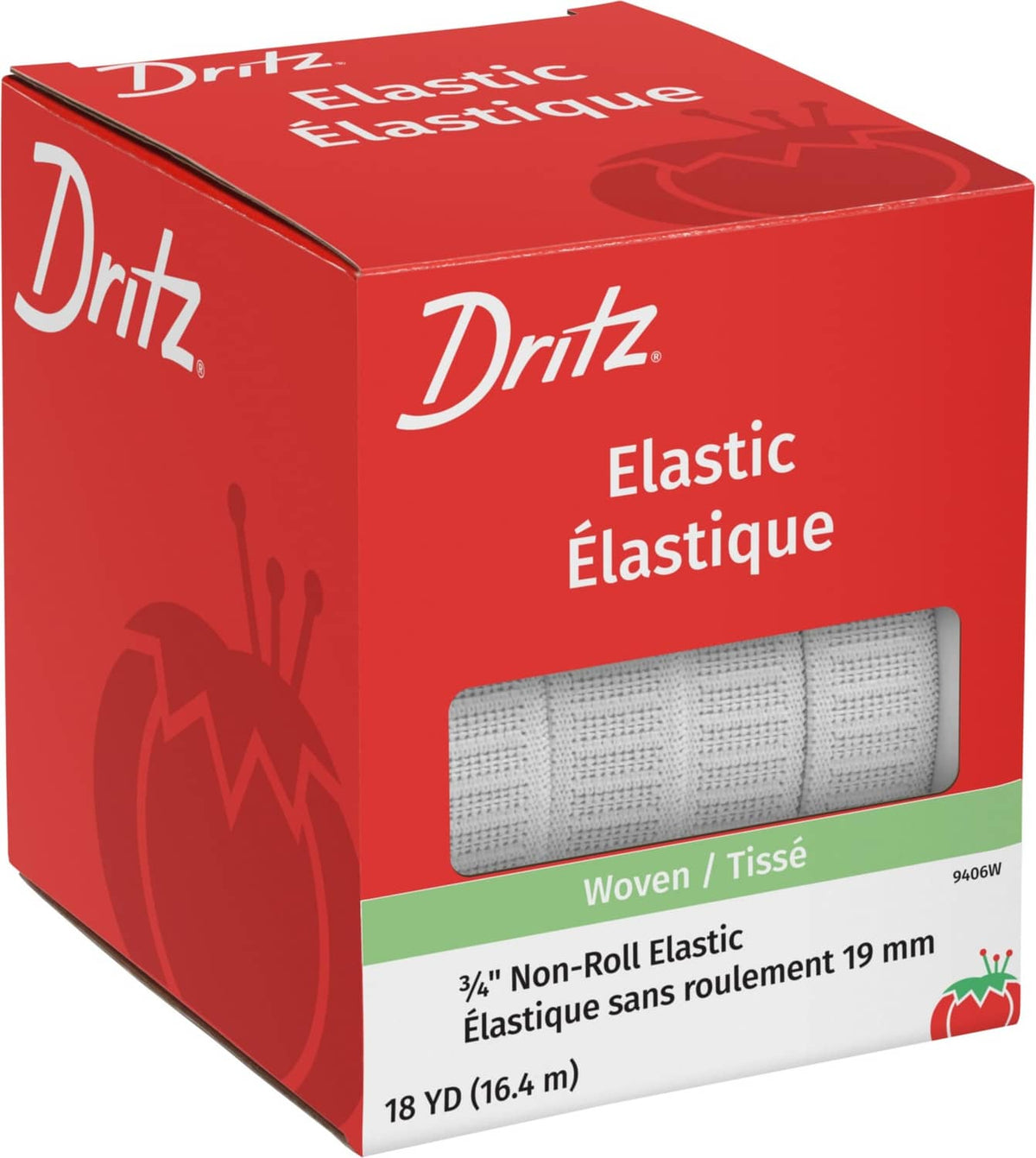 Dritz non-roll woven elastic, white, 3/4 inch, 18 yd—packaging view