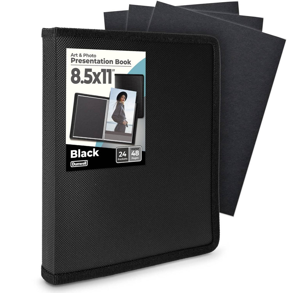 Black 8.5x11 art portfolio folder with textured cover and front display window