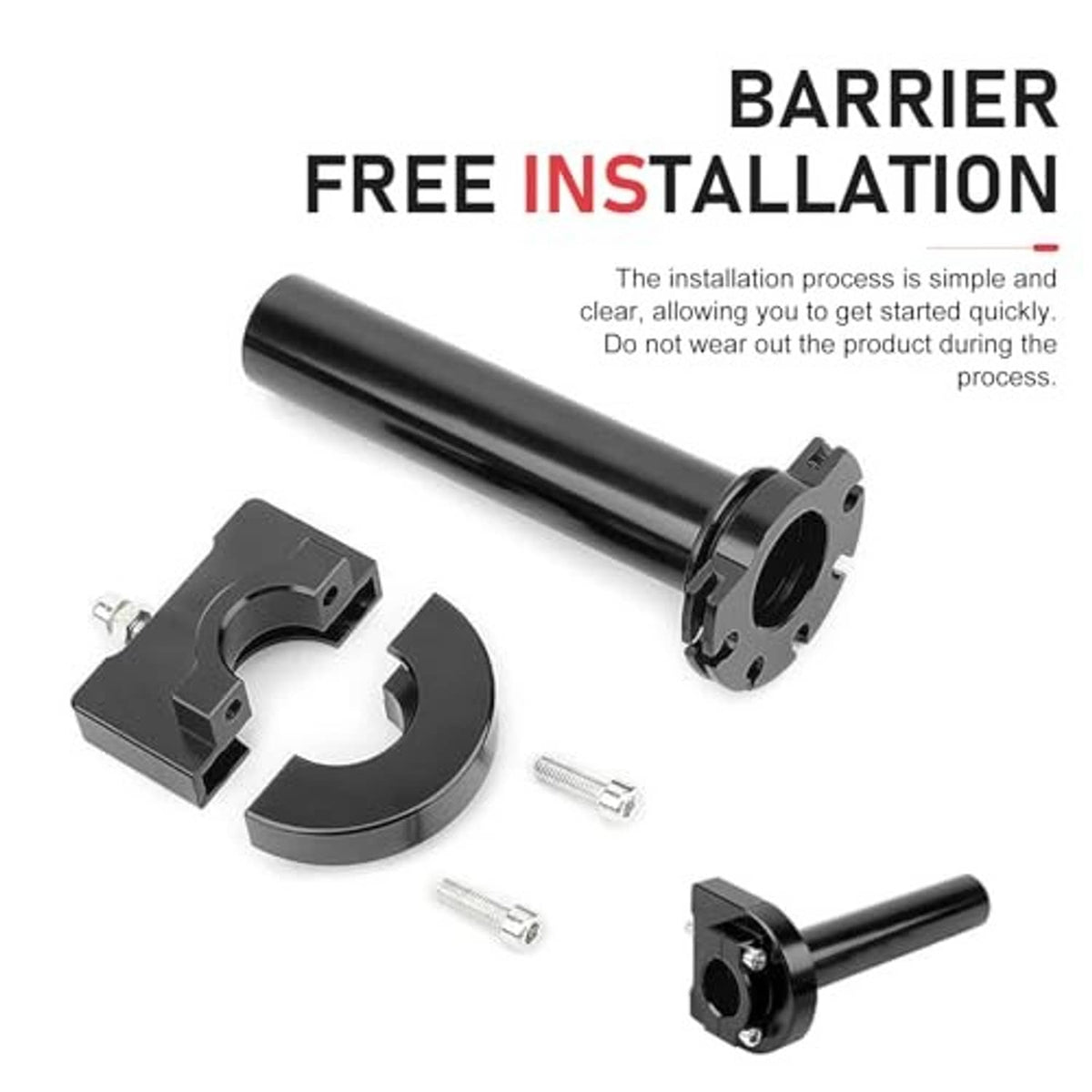 Black quick-throttle handlebar grip set with mounting bracket and included screws