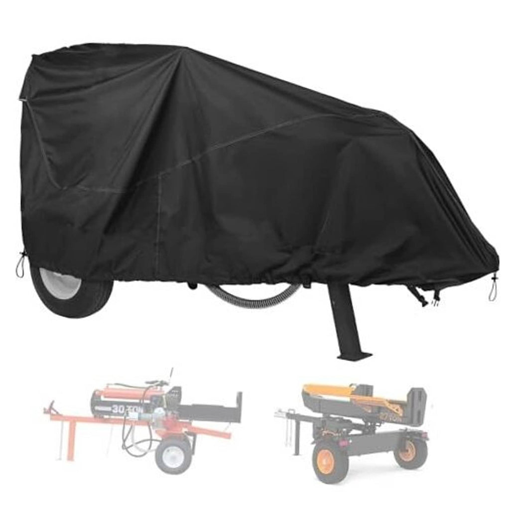 Black waterproof log splitter cover with drawstring and side panels