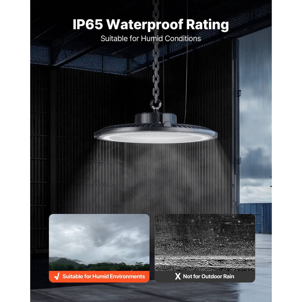 IP65-rated LED high bay with hanging chain and circular light diffuser