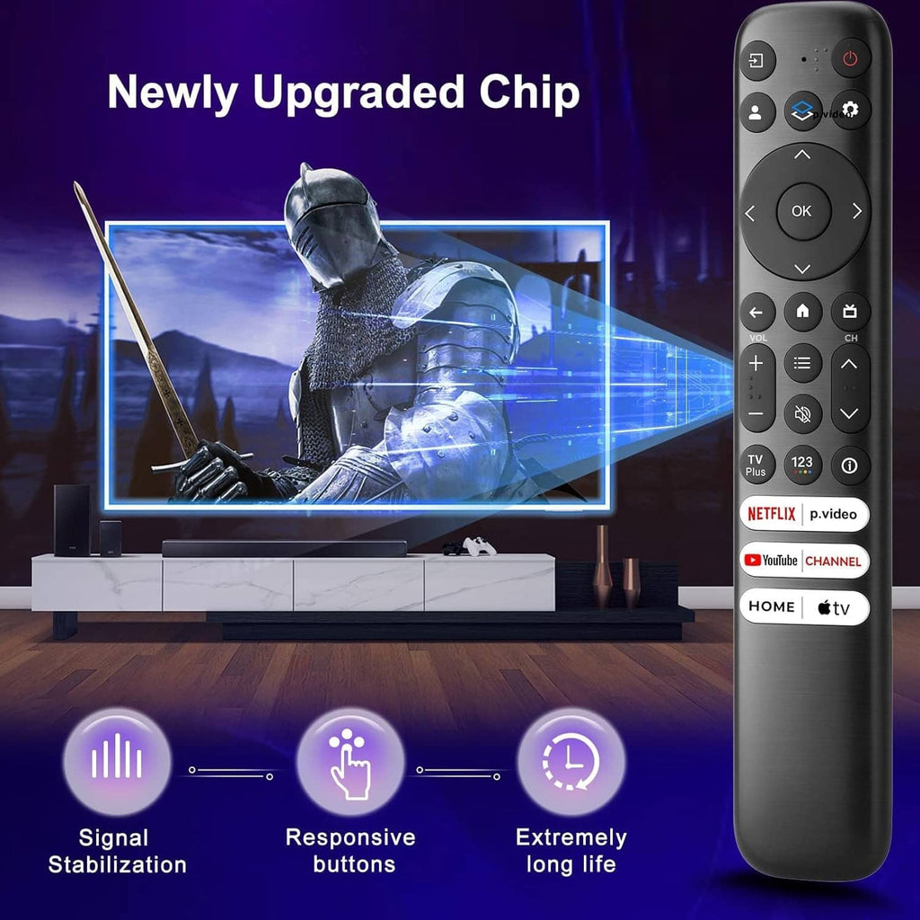 Black TV remote standing upright, with directional keys and streaming shortcut labels